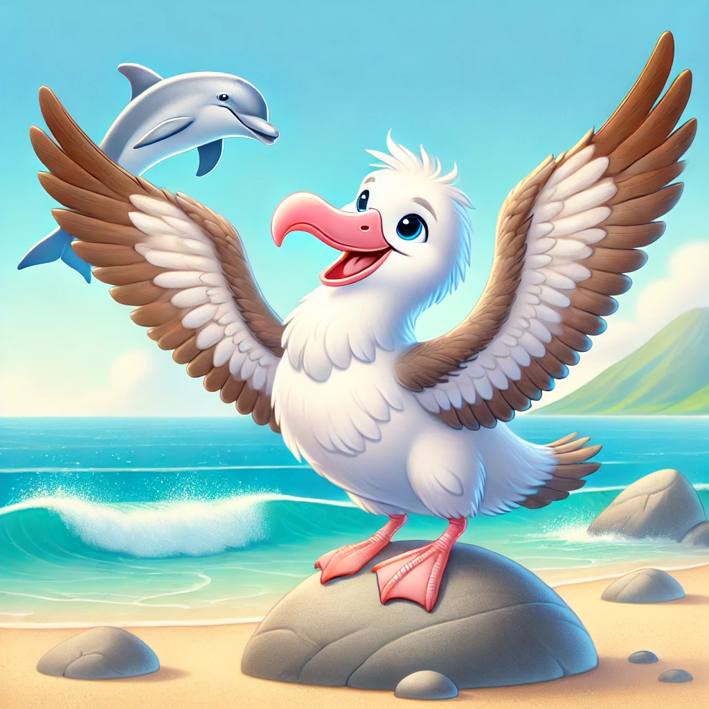 Illustration joyeuse d'un albatros aux reflets argentés posant fièrement sur un rocher avec ses ailes déployées. En arrière-plan, une plage douce et pastel, avec un dauphin sautant au loin.