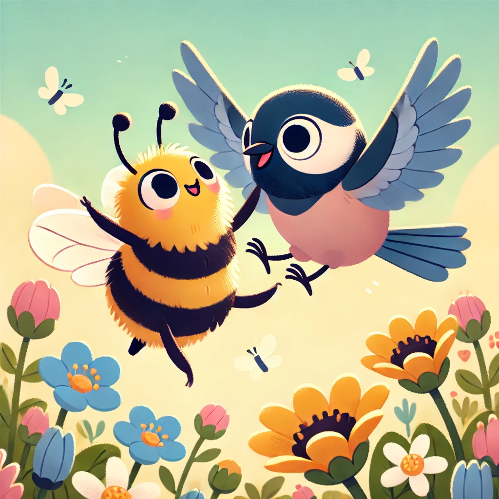 Une illustration 2D joyeuse et simpliste en couleurs pastel douces représentant un bourdon effectuant une parade aérienne avec son ami, une mésange au plumage bleu et jaune, dans un jardin fleuri. Les deux personnages ont des visages légèrement anthropomorphes, exprimant leur bonheur et leur amitié. L'arrière-plan présente des fleurs épanouies et un feuillage vert, mettant en avant le lien fort et l'interaction ludique entre le bourdon et la mésange bleu et jaune.